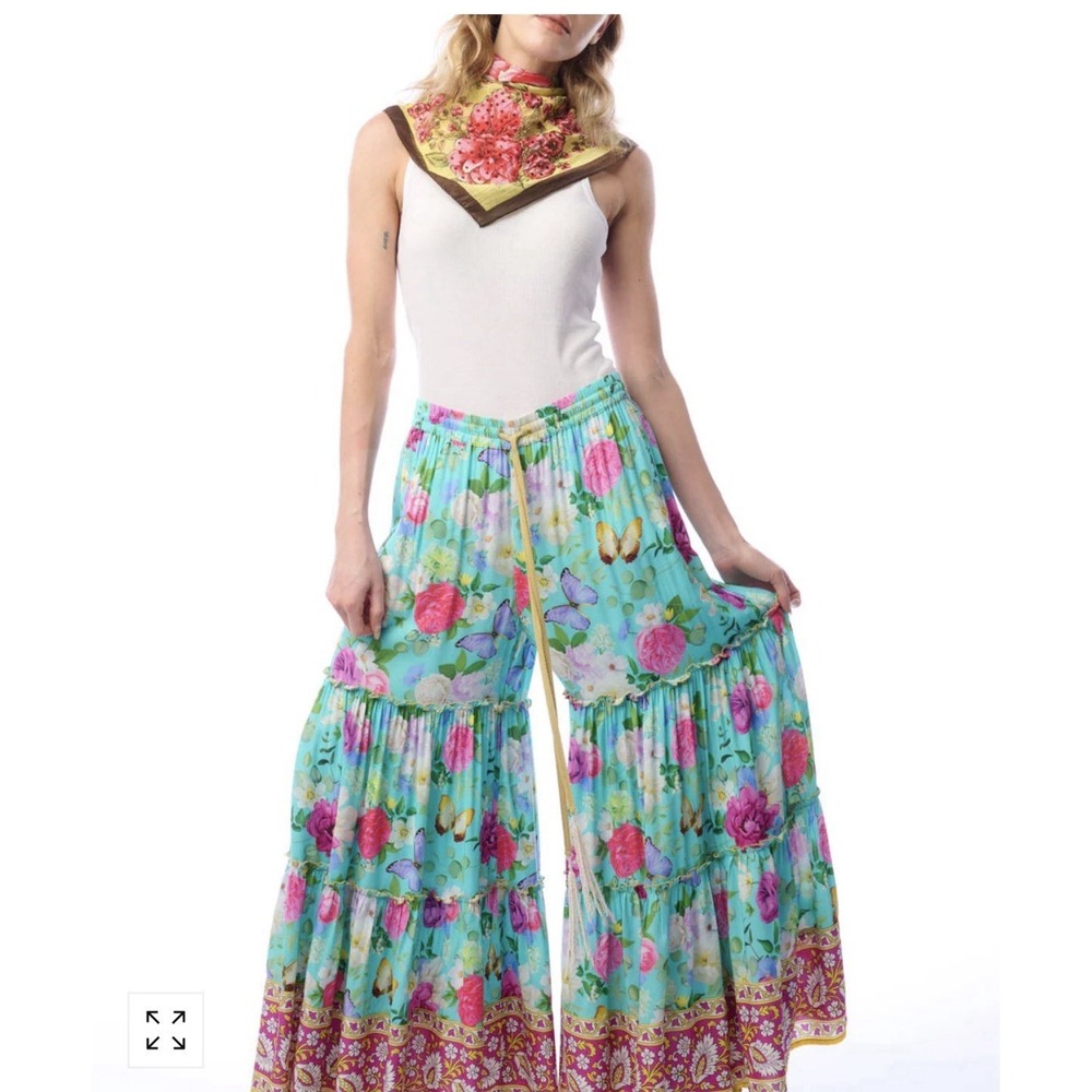 Aratta Serenity Springs Pants Women's Size Large Blue Floral Wide Leg Pants New